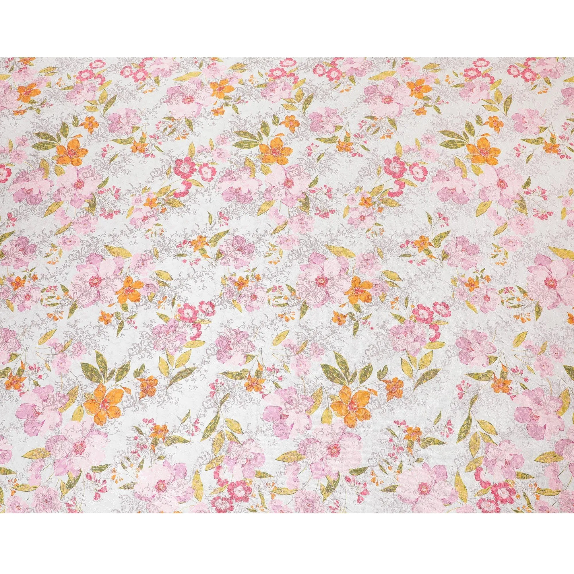 Abalone grey premium pure silk satin fabric with orange, baby pink and mustard green print having rose pink film metallic in floral design-D9417