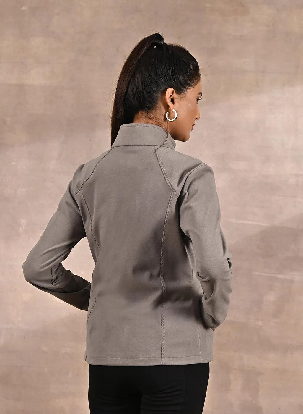 Beige Spread-neck Fleece Jacket with Zip-Closure