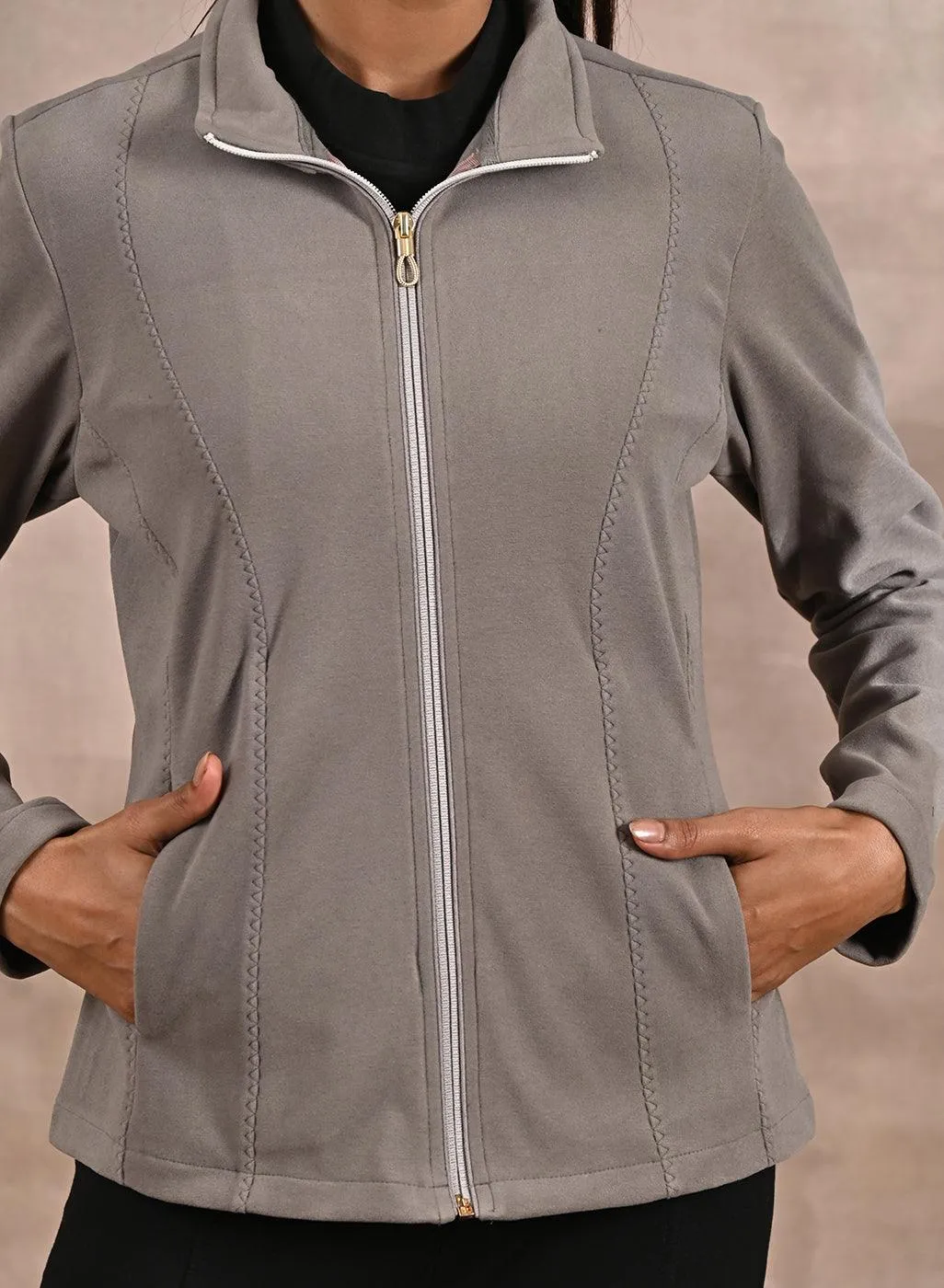 Beige Spread-neck Fleece Jacket with Zip-Closure