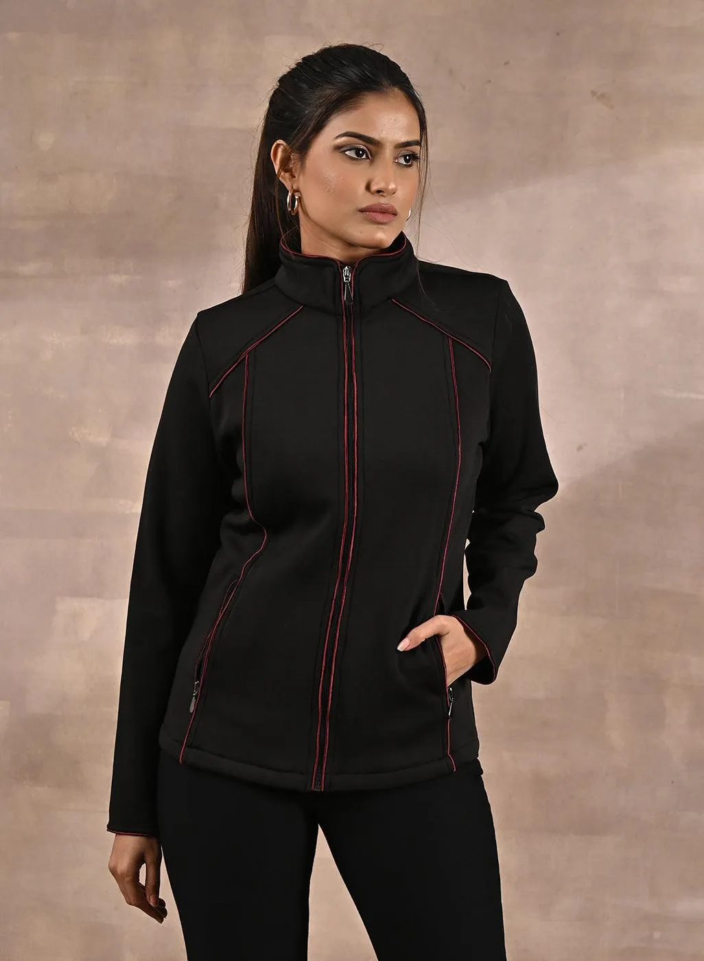 Black Fleece Jacket with Decorative Stitch on Front