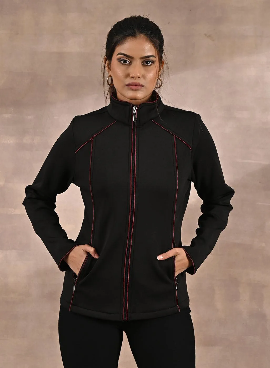 Black Fleece Jacket with Decorative Stitch on Front