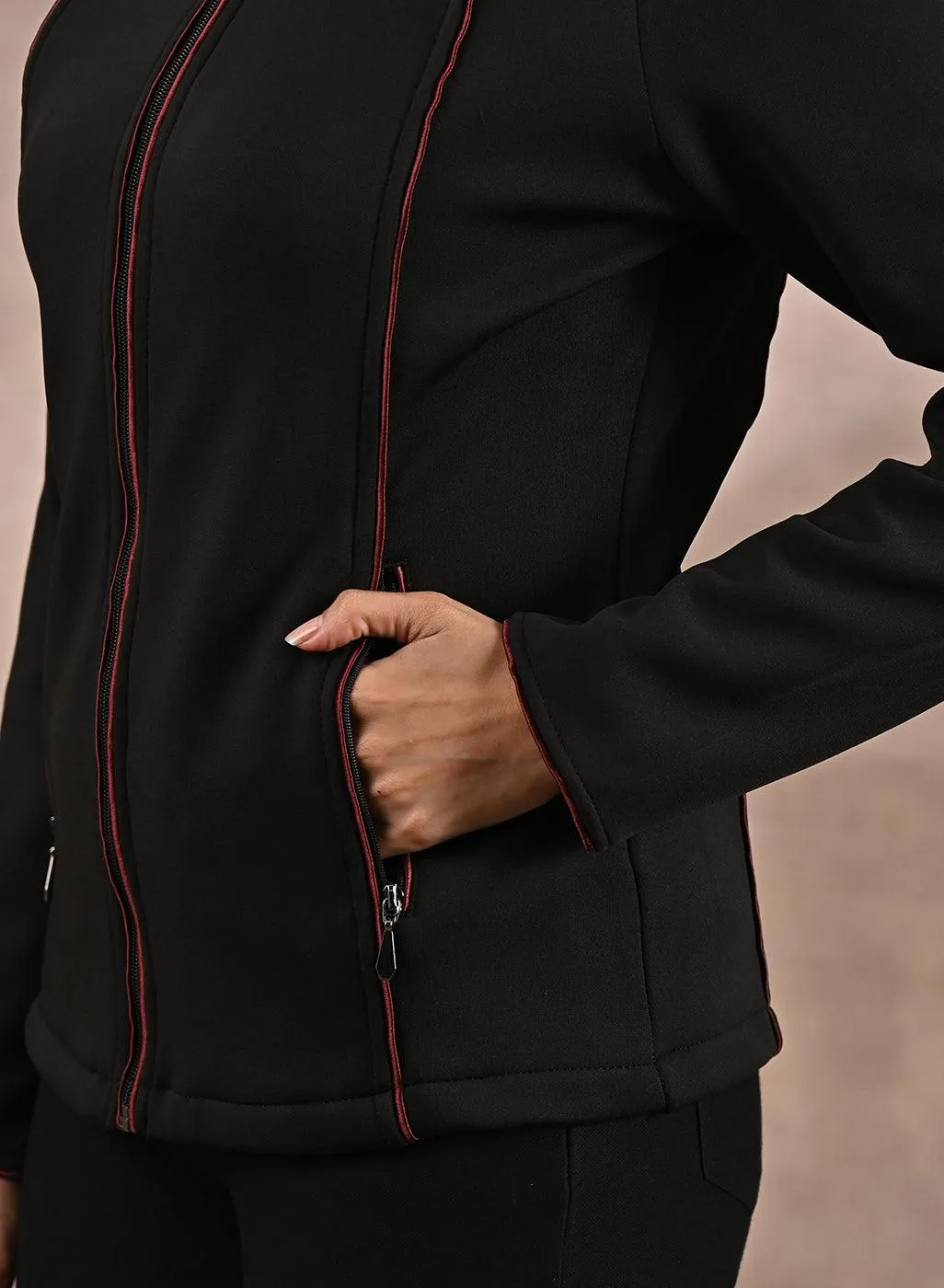 Black Fleece Jacket with Decorative Stitch on Front