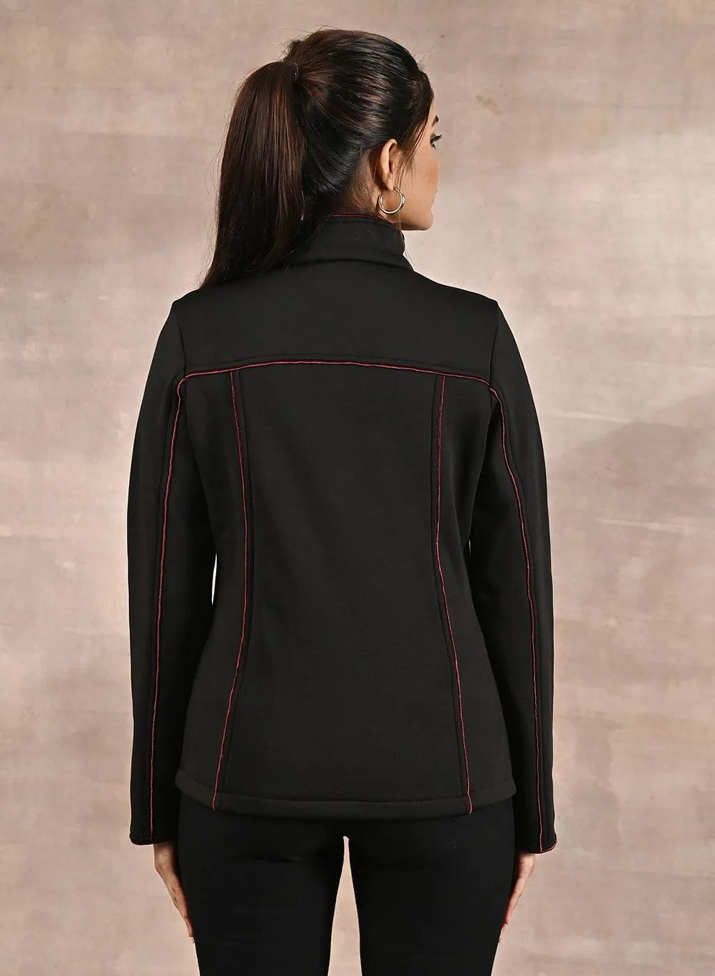 Black Fleece Jacket with Decorative Stitch on Front