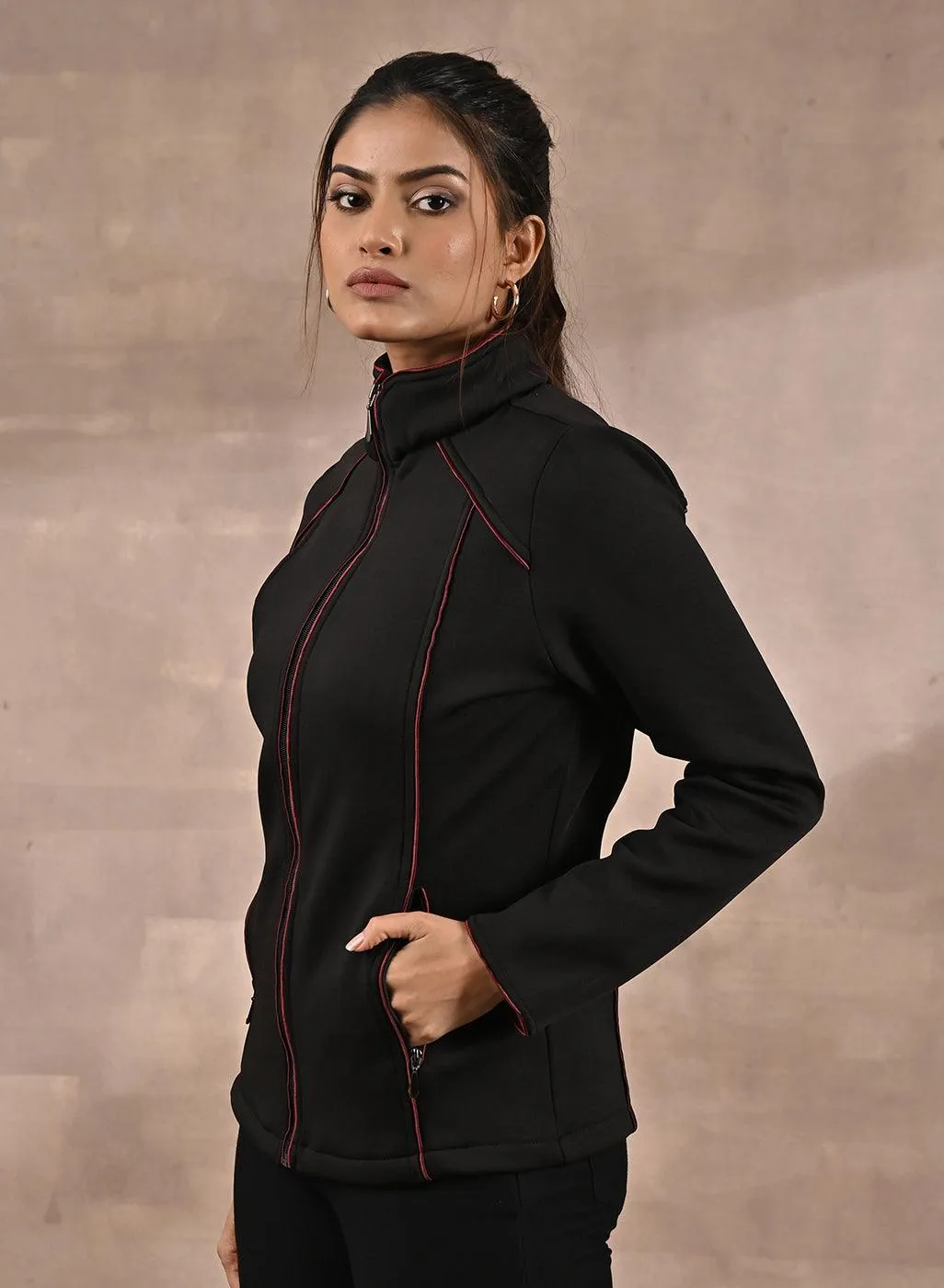 Black Fleece Jacket with Decorative Stitch on Front