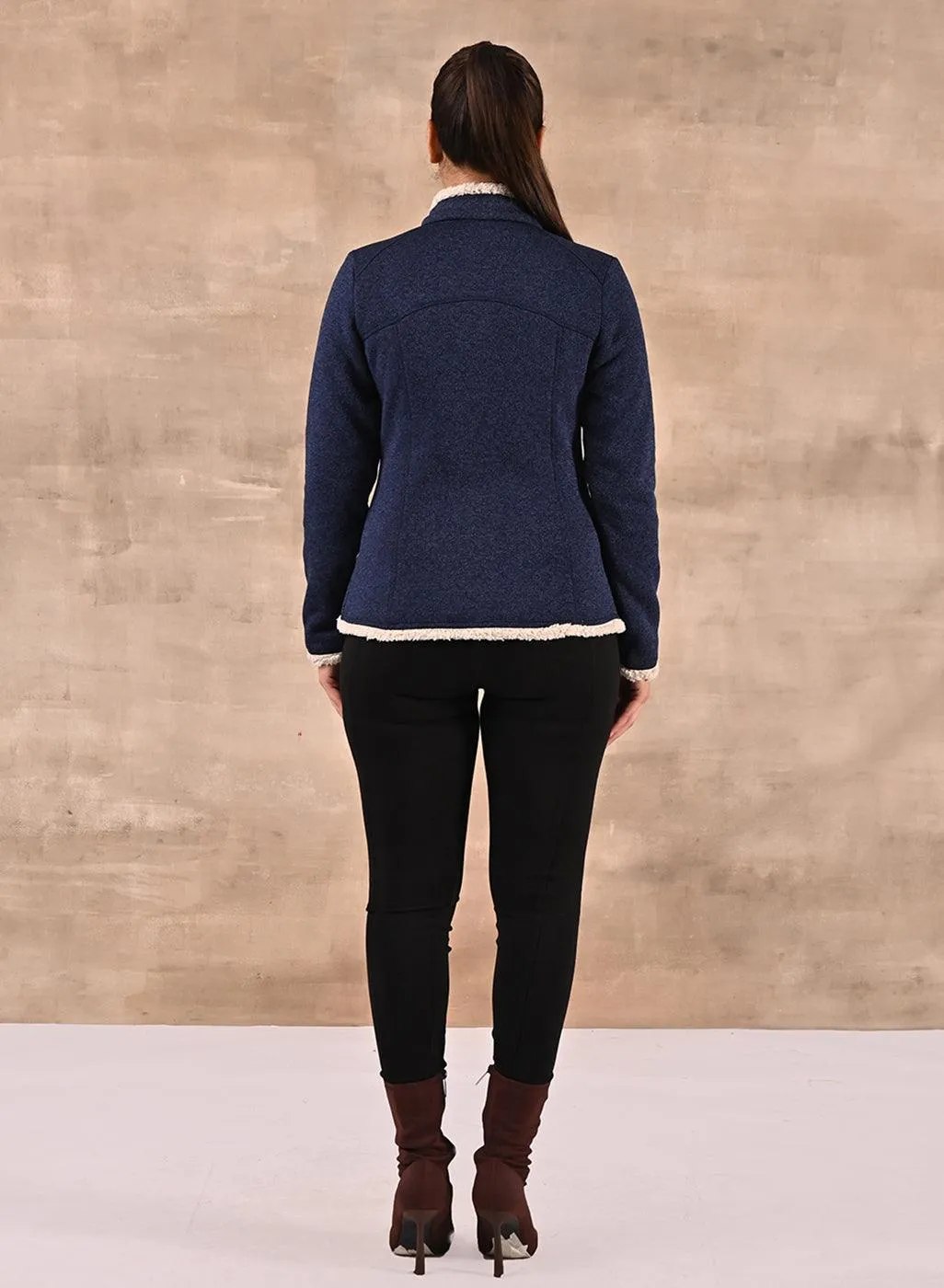 Blue Zip-front High-neck Fleece Jacket with Pockets