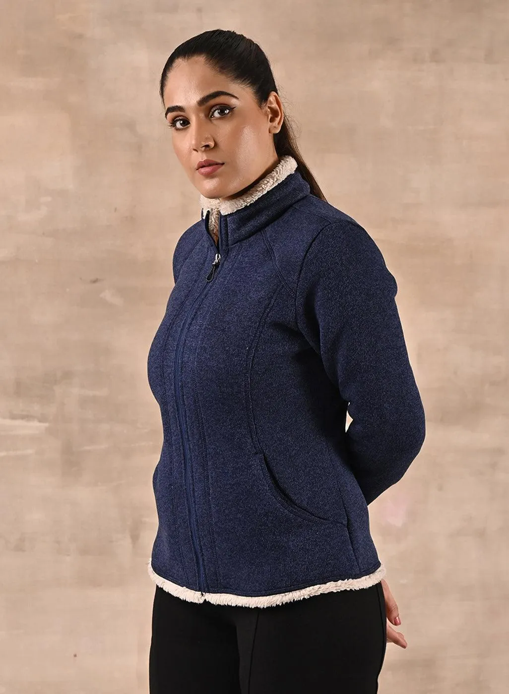 Blue Zip-front High-neck Fleece Jacket with Pockets