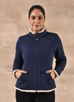 Blue Zip-front High-neck Fleece Jacket with Pockets