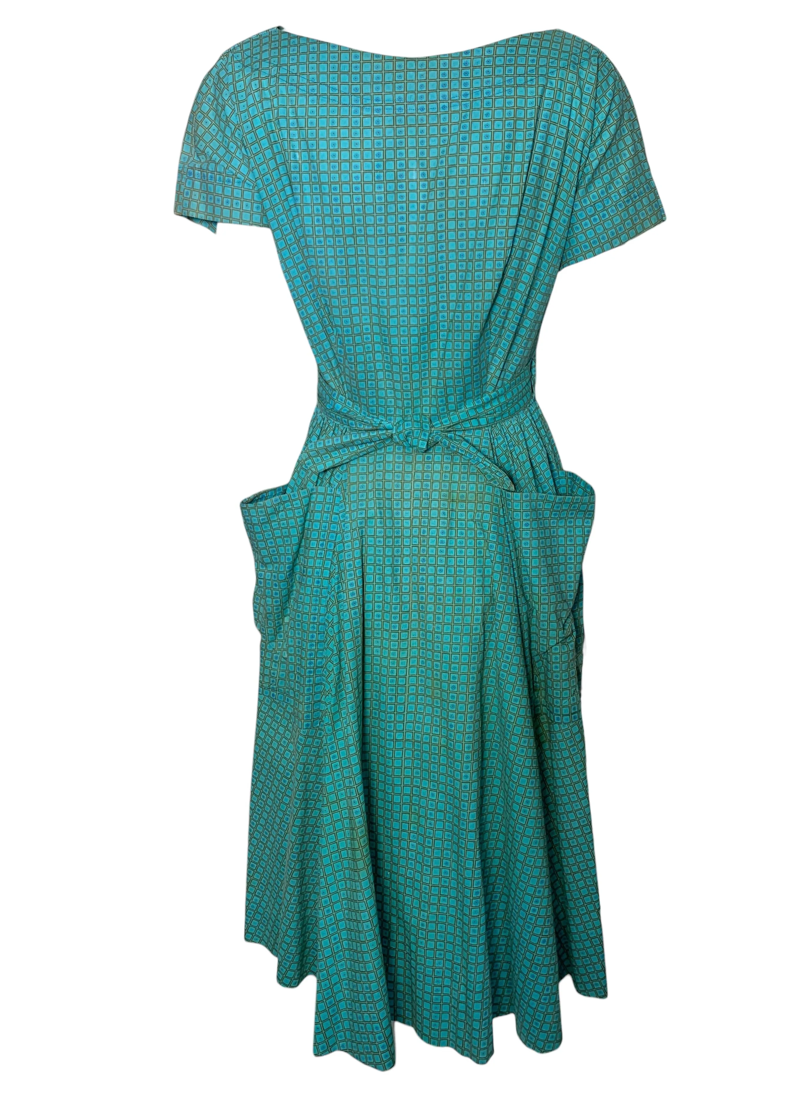 Bonnie Cashin 1940's Teal Blue Ditsy Floral Grid Print Wrap Dress