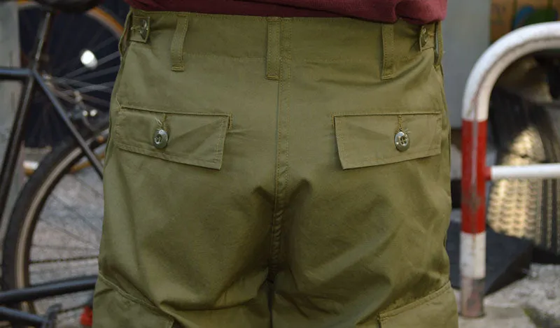 BUZZ RICKSON'S "BR51907" TROUSERS, MEN'S, COTTON WIND RESISTANT POPLIN, OLIVE GREEN, ARMY SHADE 107 SHORTS