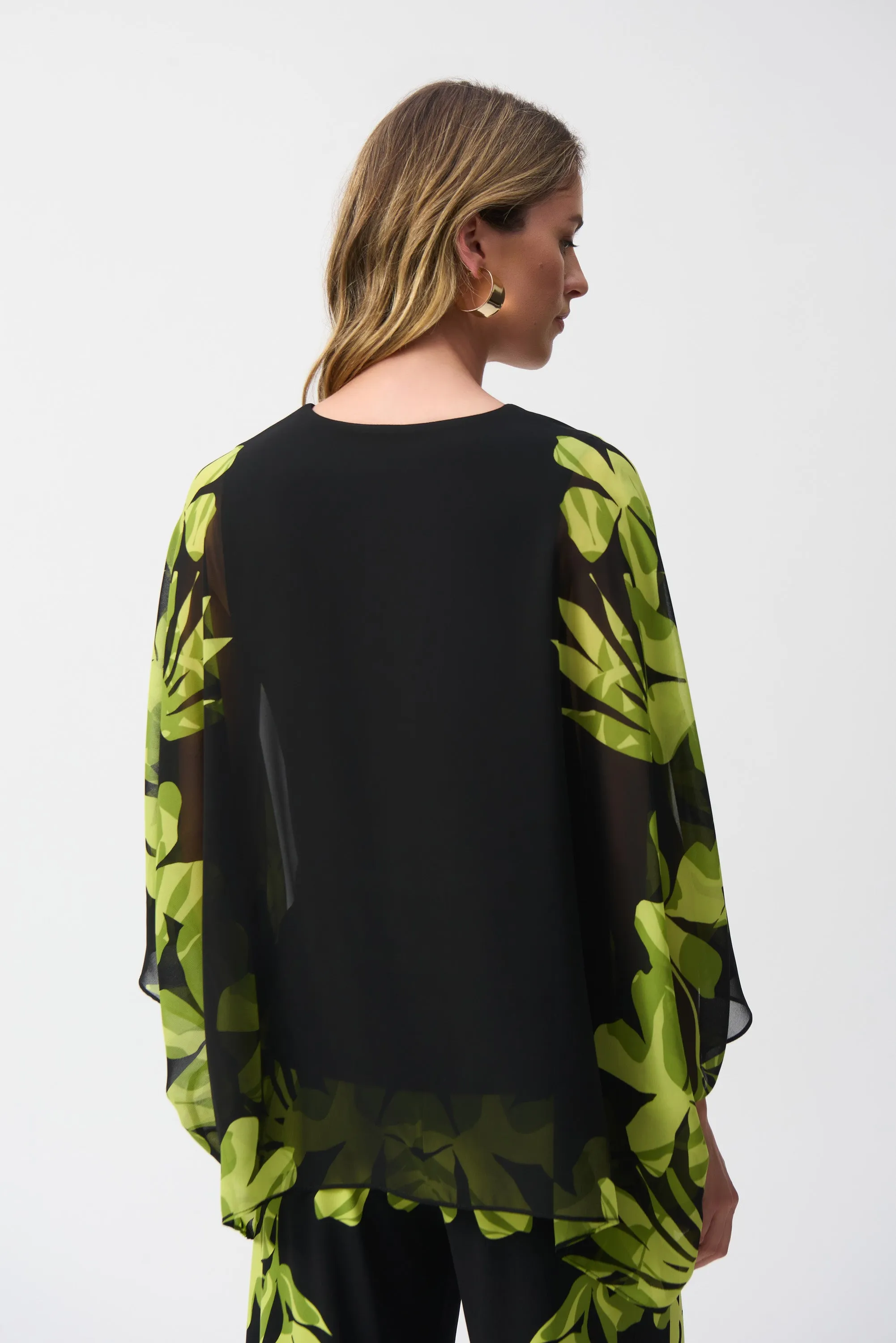 Chiffon & Silky Knit Floral Poncho Top, Black/Multi