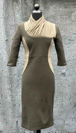 Color Block Wrap Neck Knit Dress/ Olive