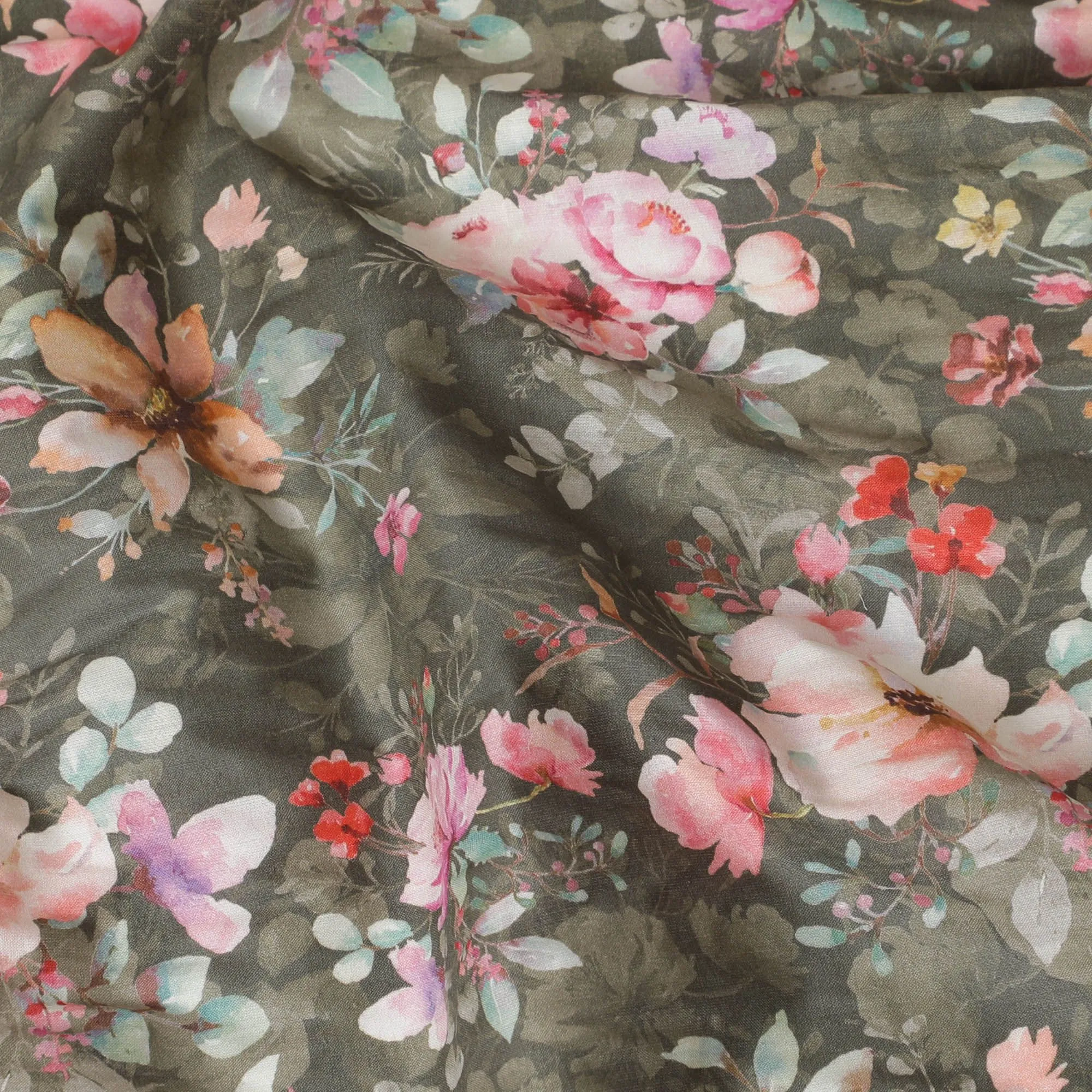 Dark olive cotton satin fabric with multicolor print in floral design-D16778