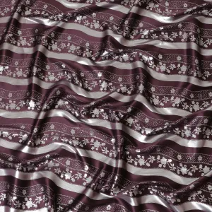 Dark plum pure silk satin fabric with same tone and silver film metallic in stripe design-D11051