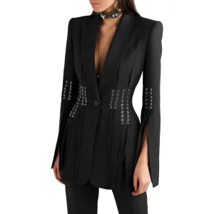 Executive Edge, Black Eyelet Waisted and Sleeves Women's Jacket