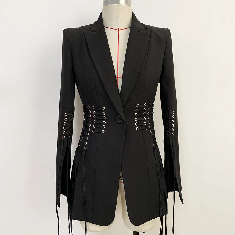 Executive Edge, Black Eyelet Waisted and Sleeves Women's Jacket