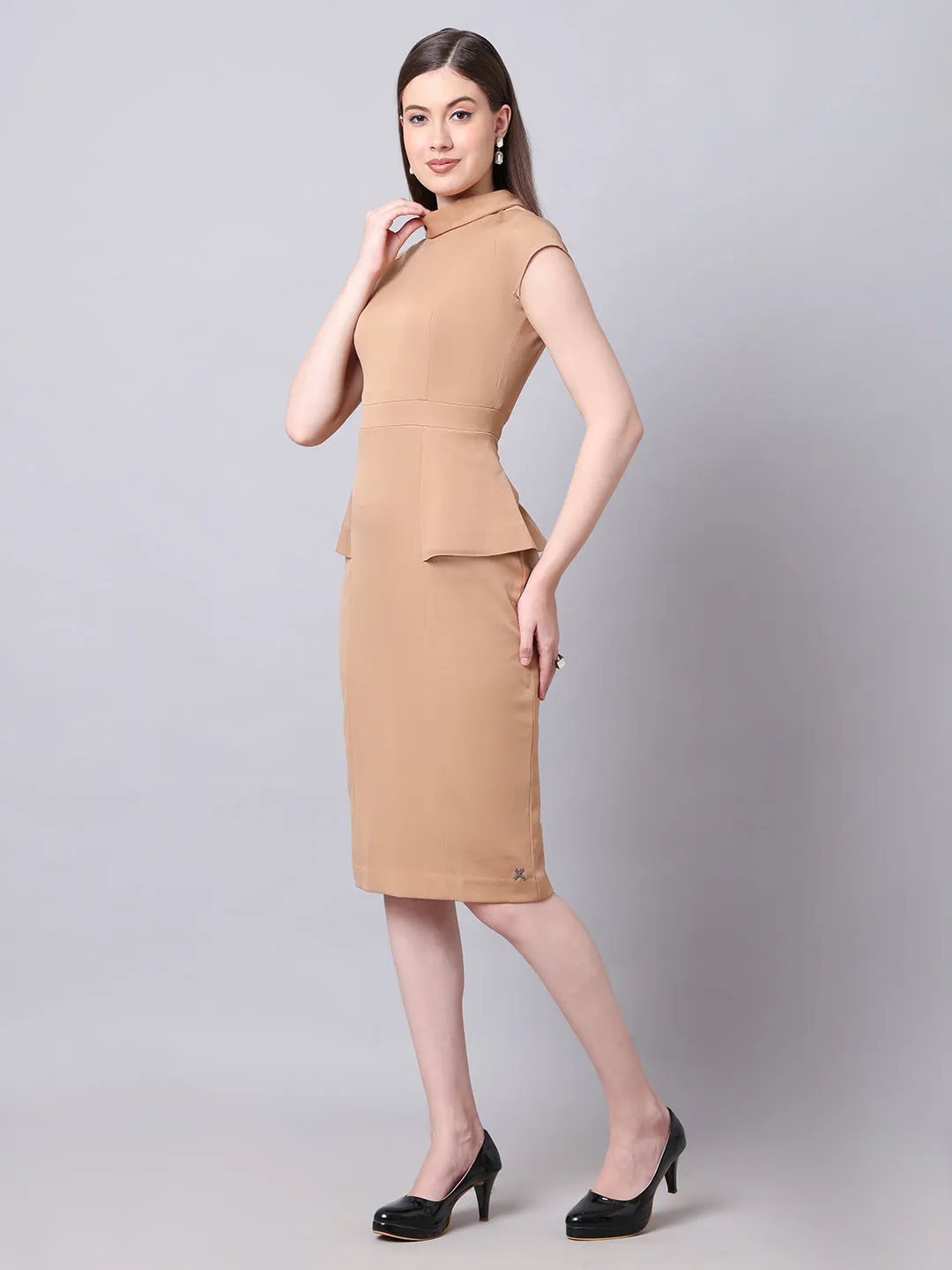 Exude Bold & Beautiful High neck Dress with Cap Sleeves (Beige)