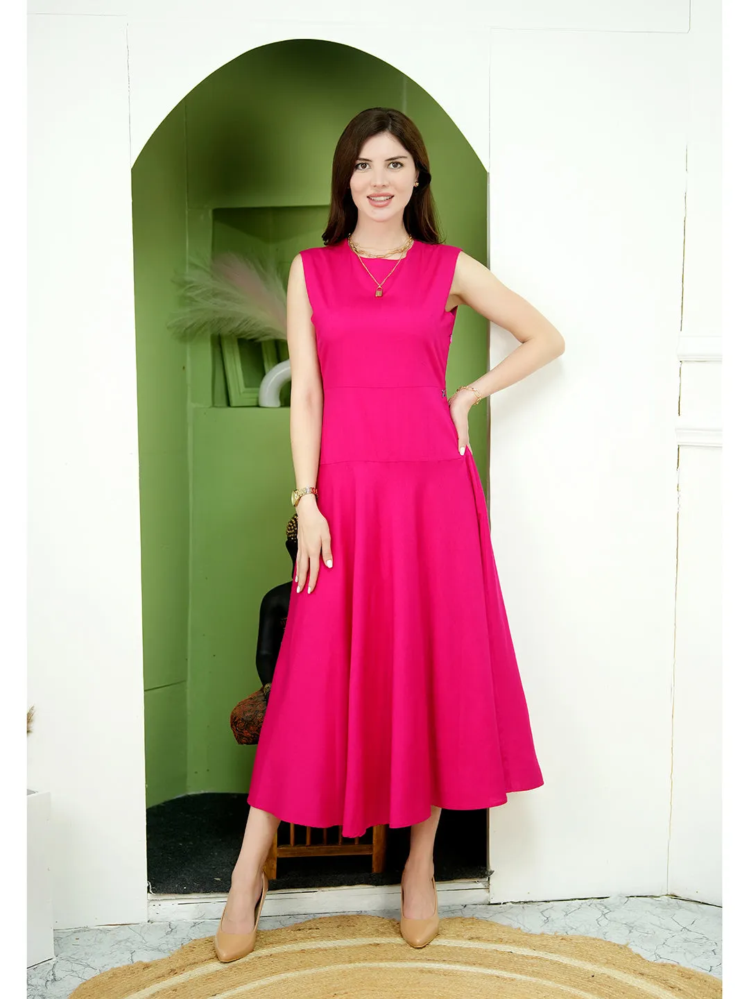 Exude Effulgent Maxi Flared Dress (Fuscia)