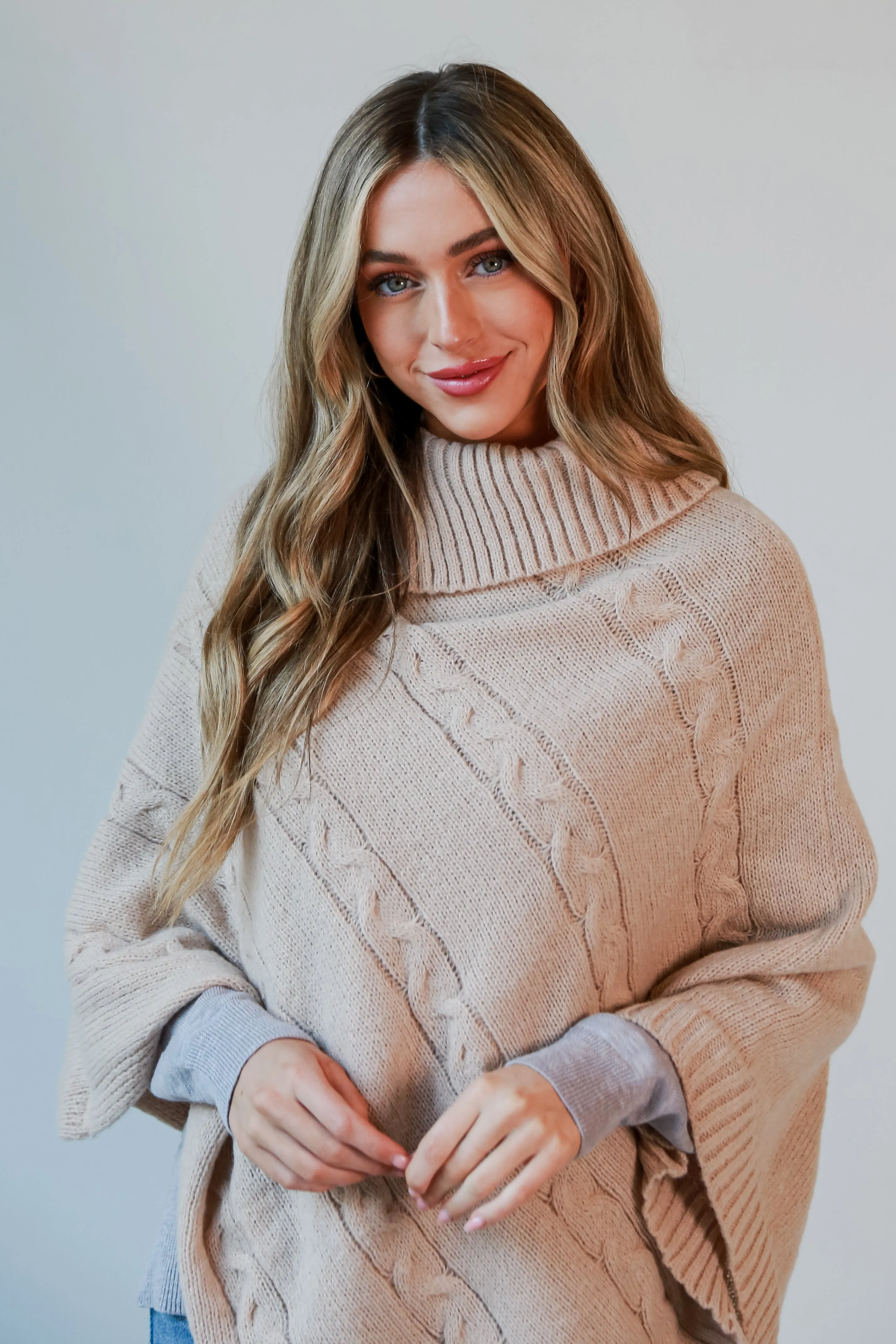 FINAL SALE - Coziest Pick Beige Cable Knit Poncho - DOORBUSTER