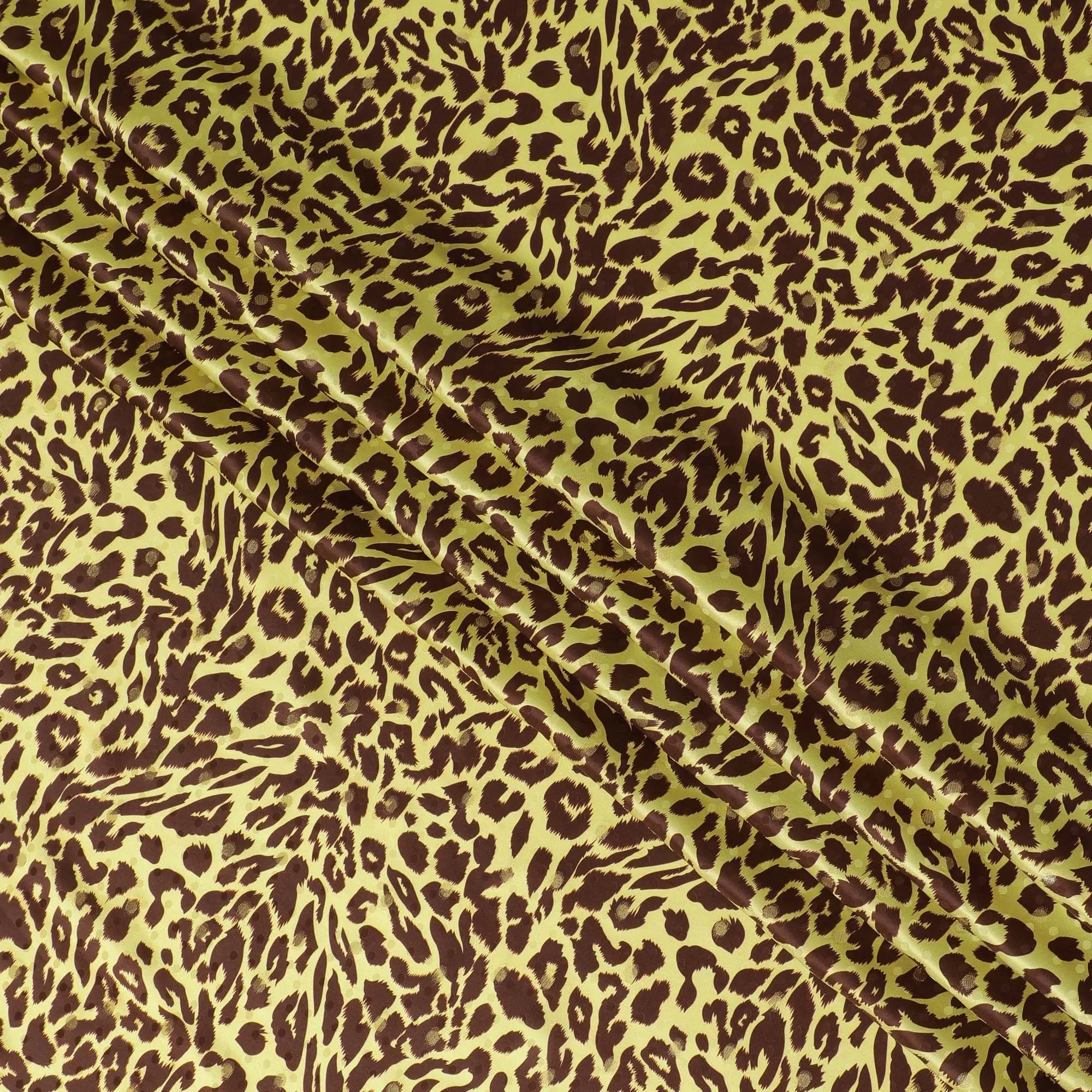 Golden yellow Premium pure silk satin fabric with brown print having gold metallic in animal skin design-D17064