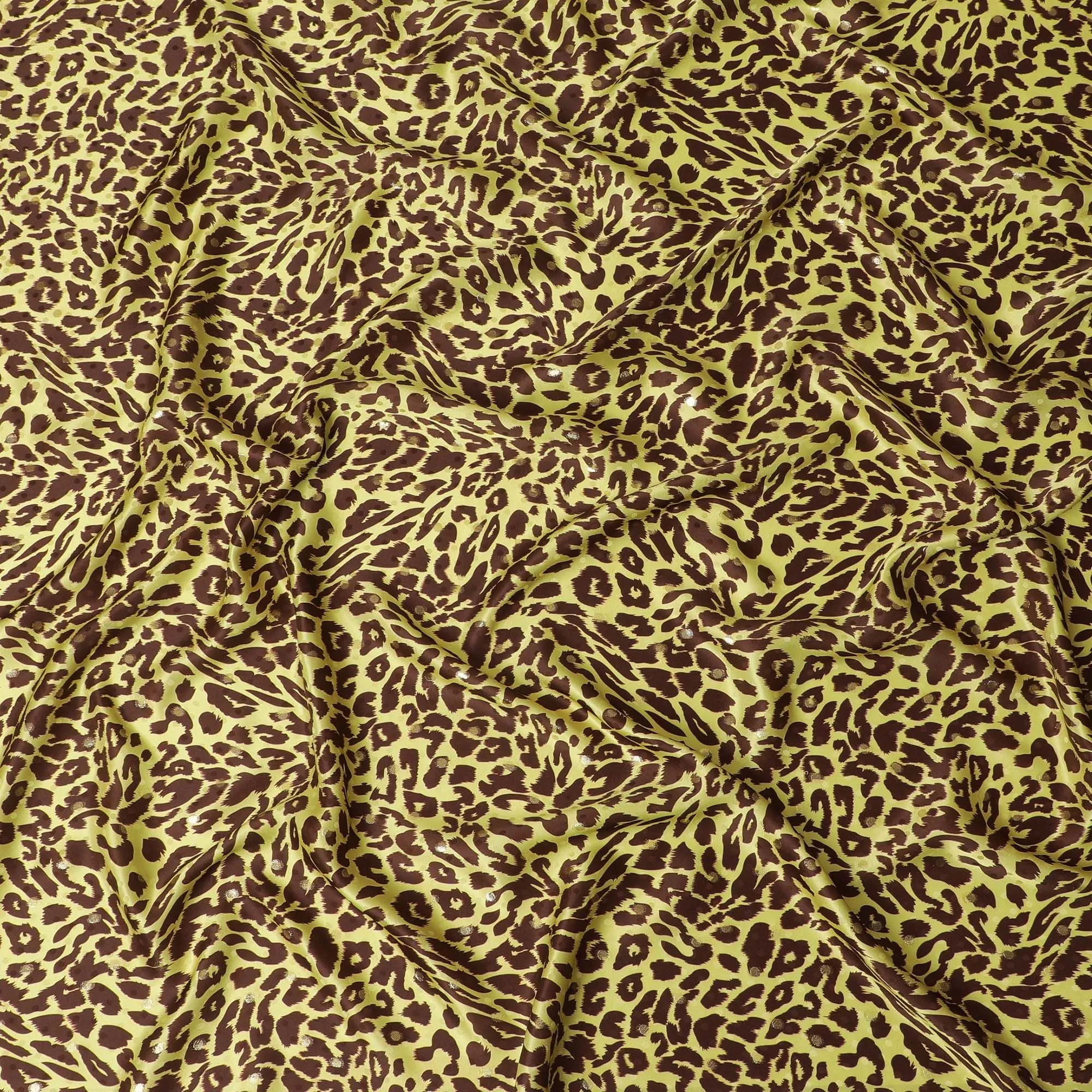 Golden yellow Premium pure silk satin fabric with brown print having gold metallic in animal skin design-D17064