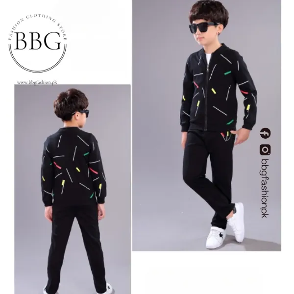 Kids Black Printed Zipper with Warm Black Trouser (3 Piece )