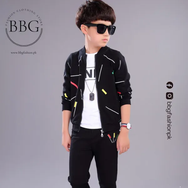 Kids Black Printed Zipper with Warm Black Trouser (3 Piece )