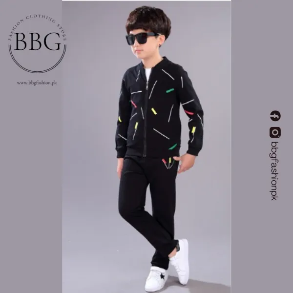 Kids Black Printed Zipper with Warm Black Trouser (3 Piece )