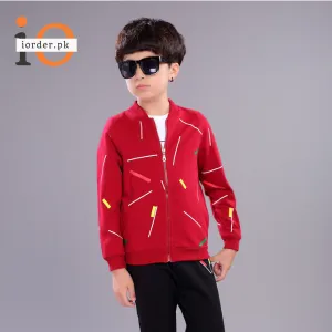 Kids Red Printed Zipper with Warm Black Trouser ( 3 Piece )