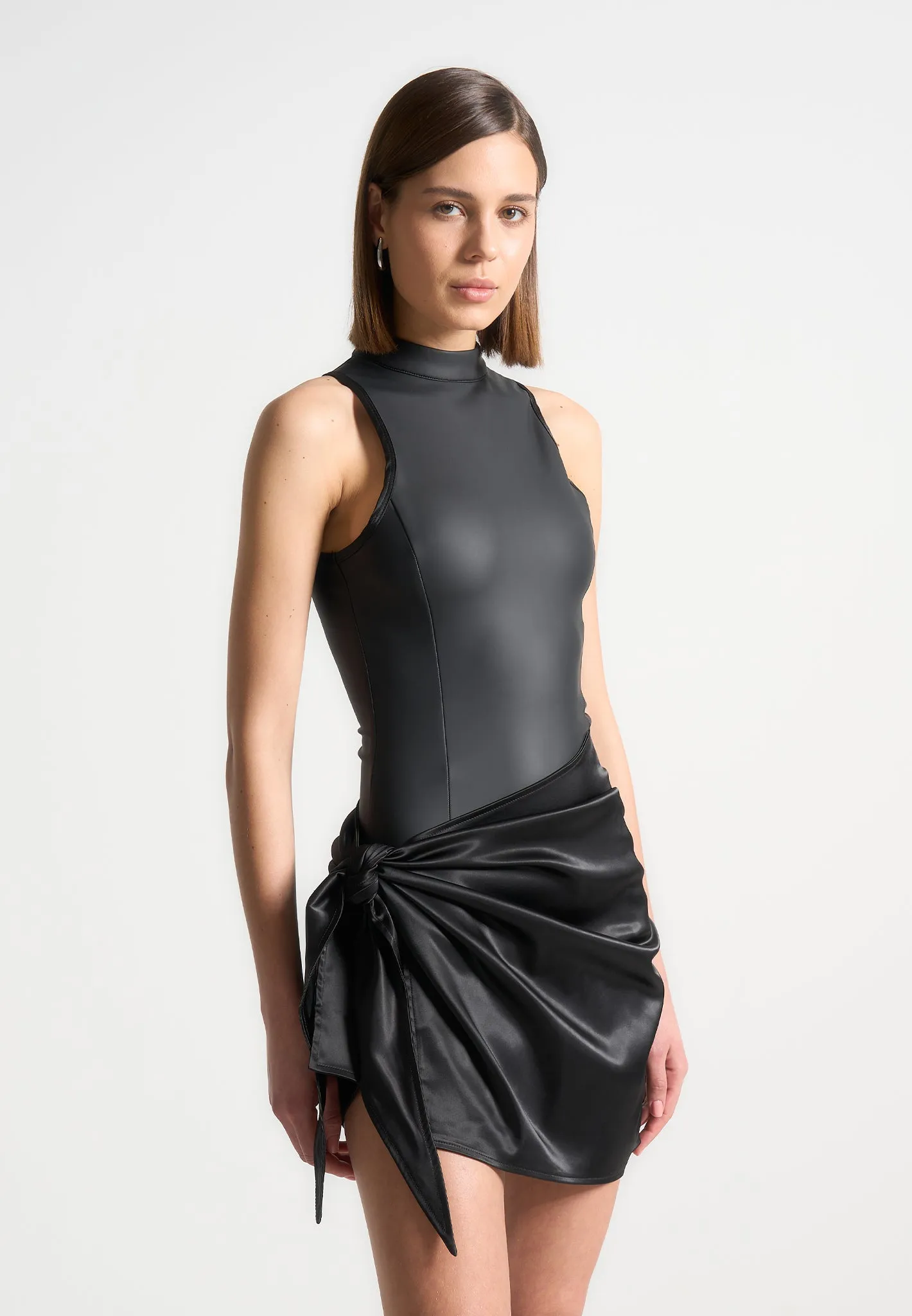 Leather & Satin Wrap Bodycon Dress - Black