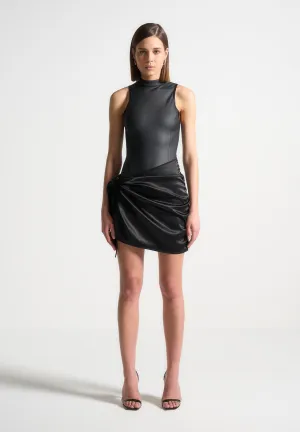 Leather & Satin Wrap Bodycon Dress - Black