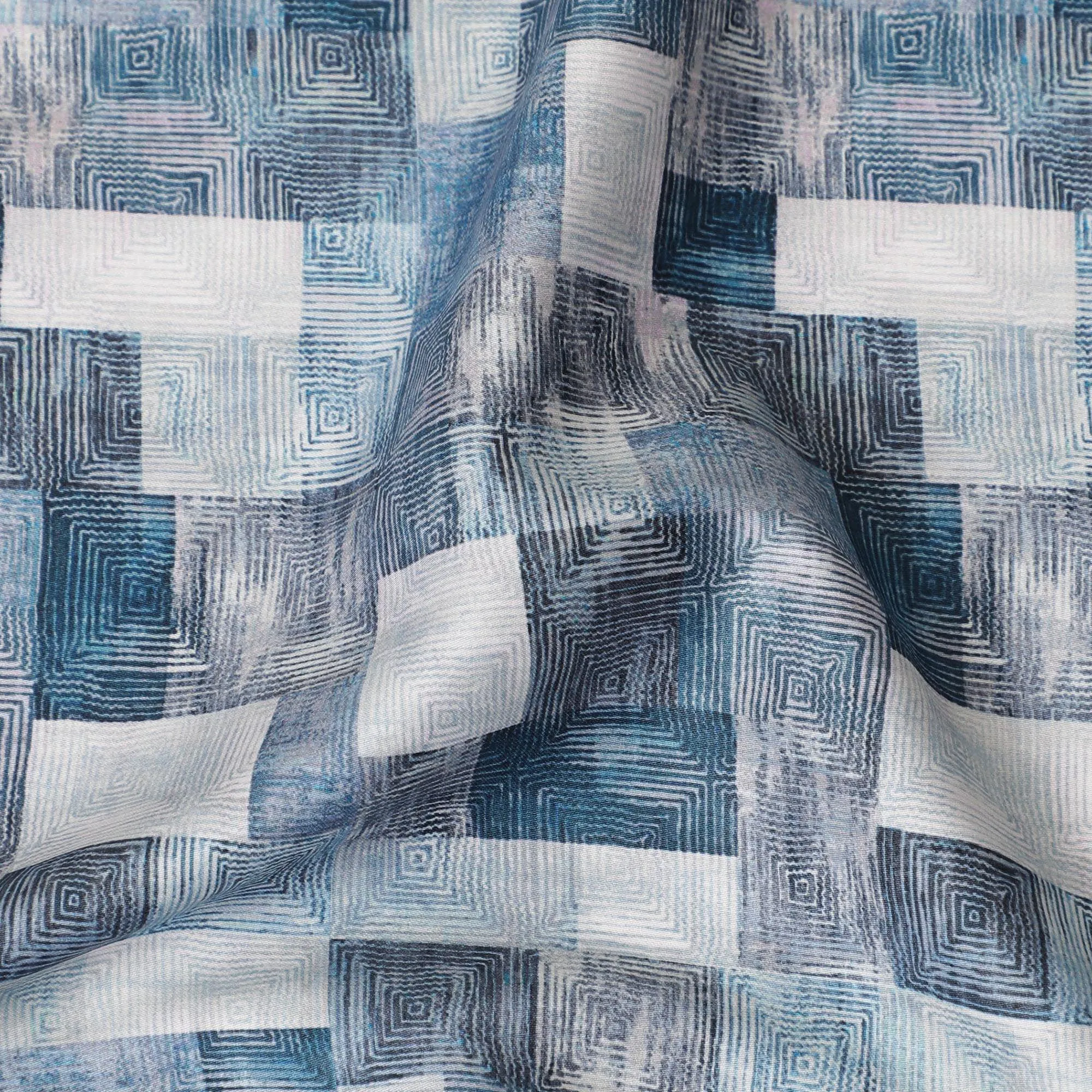 Light Beige cotton satin fabric with black and blue print in abstract design-D11915