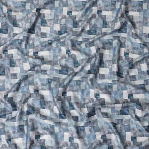 Light Beige cotton satin fabric with black and blue print in abstract design-D11915