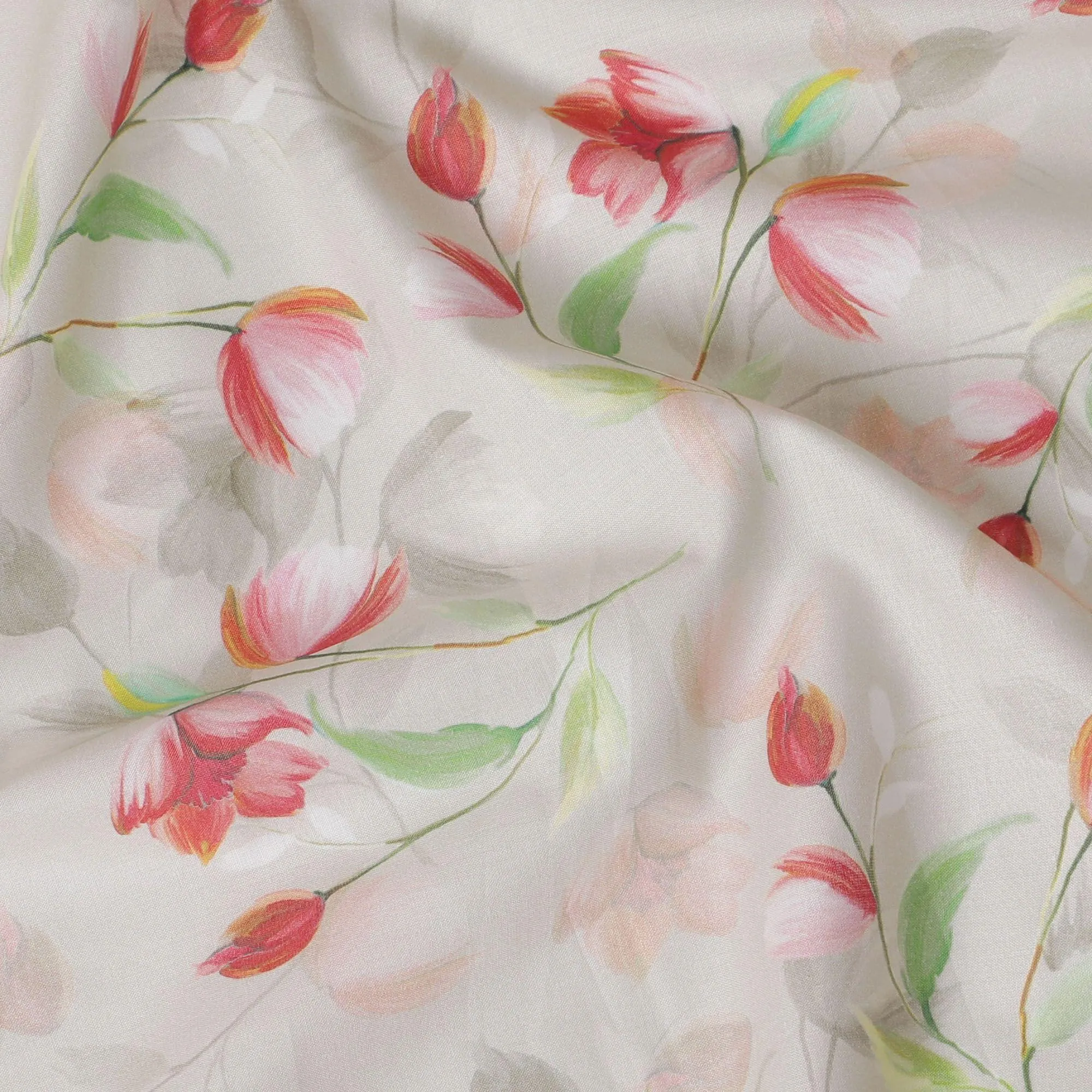 Light beige cotton satin fabric with multicolor print in floral design-D15276