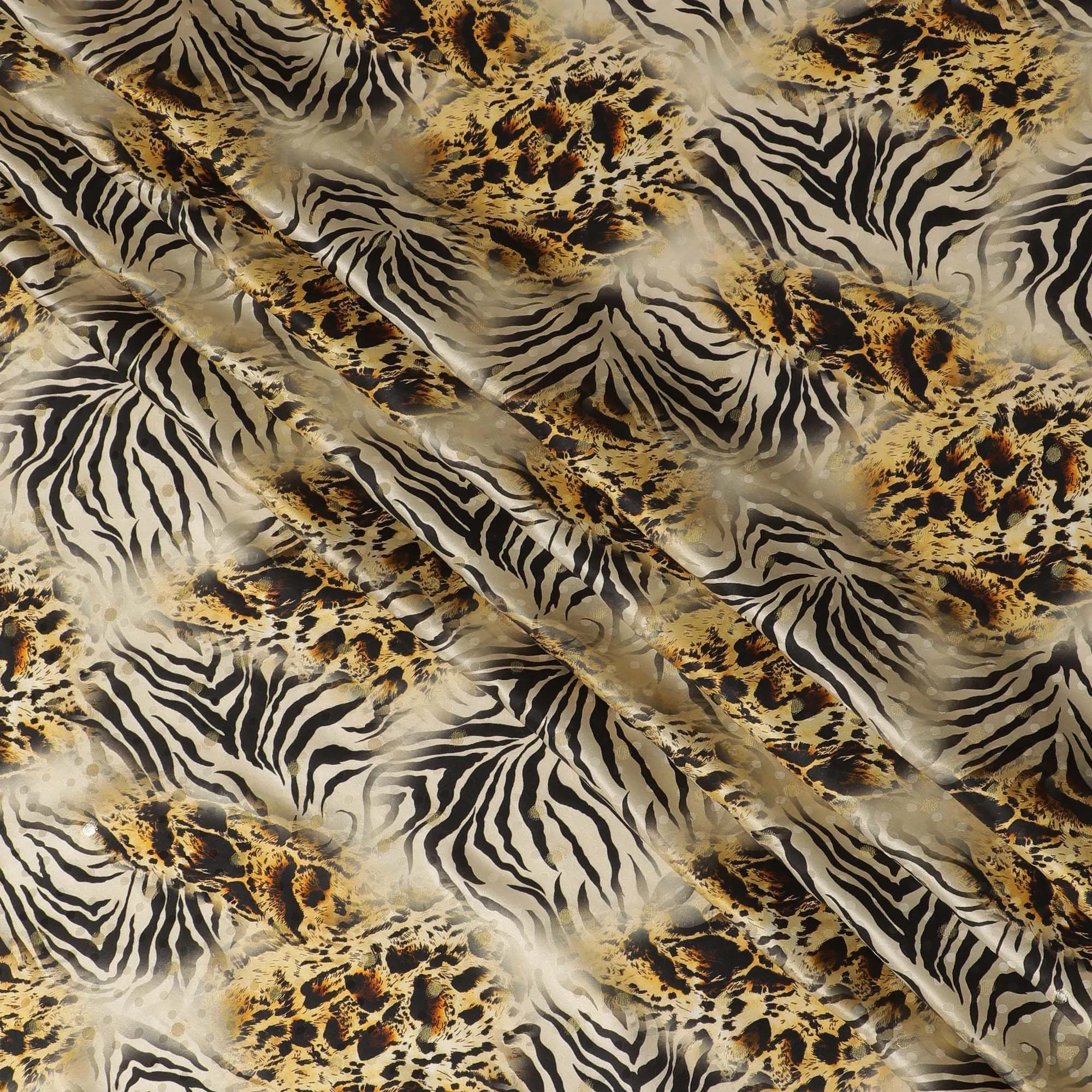 Light gold Premium pure silk satin fabric with multicolor print in animal skin design-D17065