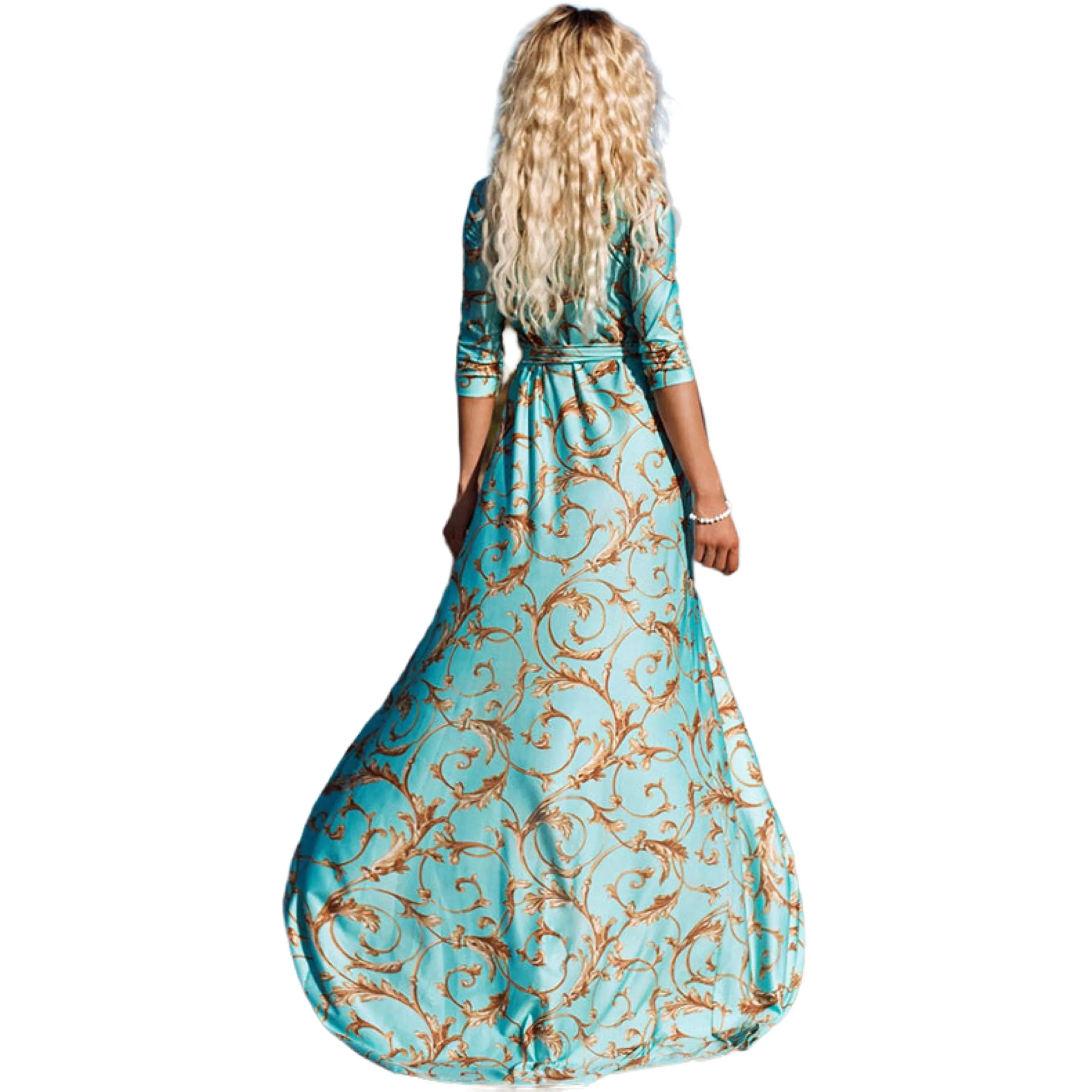 Malibu Duchesse Dream Maxi Dress Wrap V Neck Mid Sleeve in Mint Blue and Gold Size S, M, L, XL