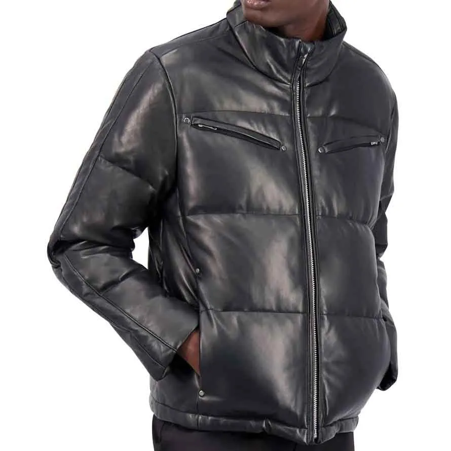 Mens Leather Puffer Jacket with Zipped Pockets