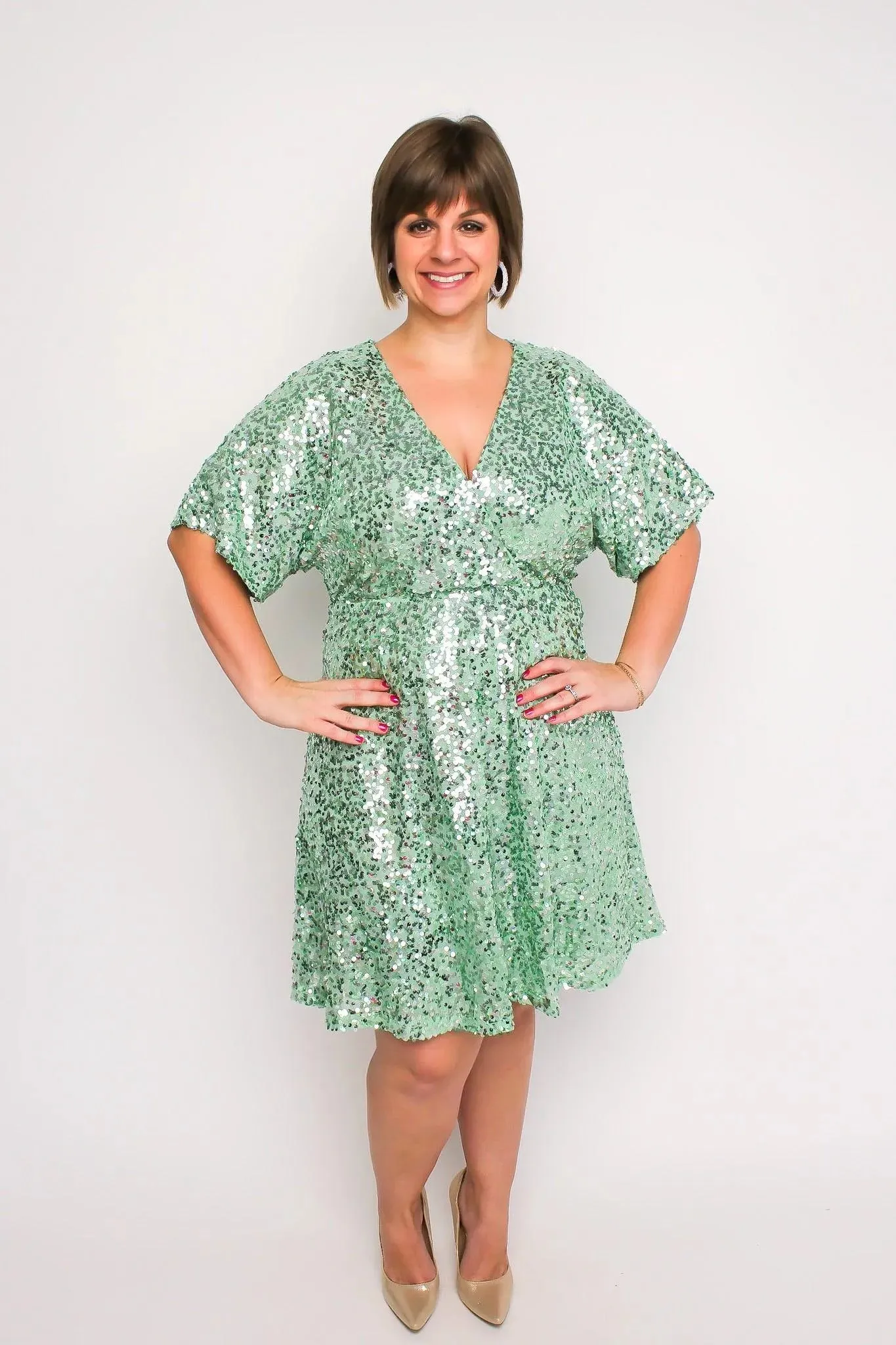 Mint Flutter Sleeve Sequin Dress