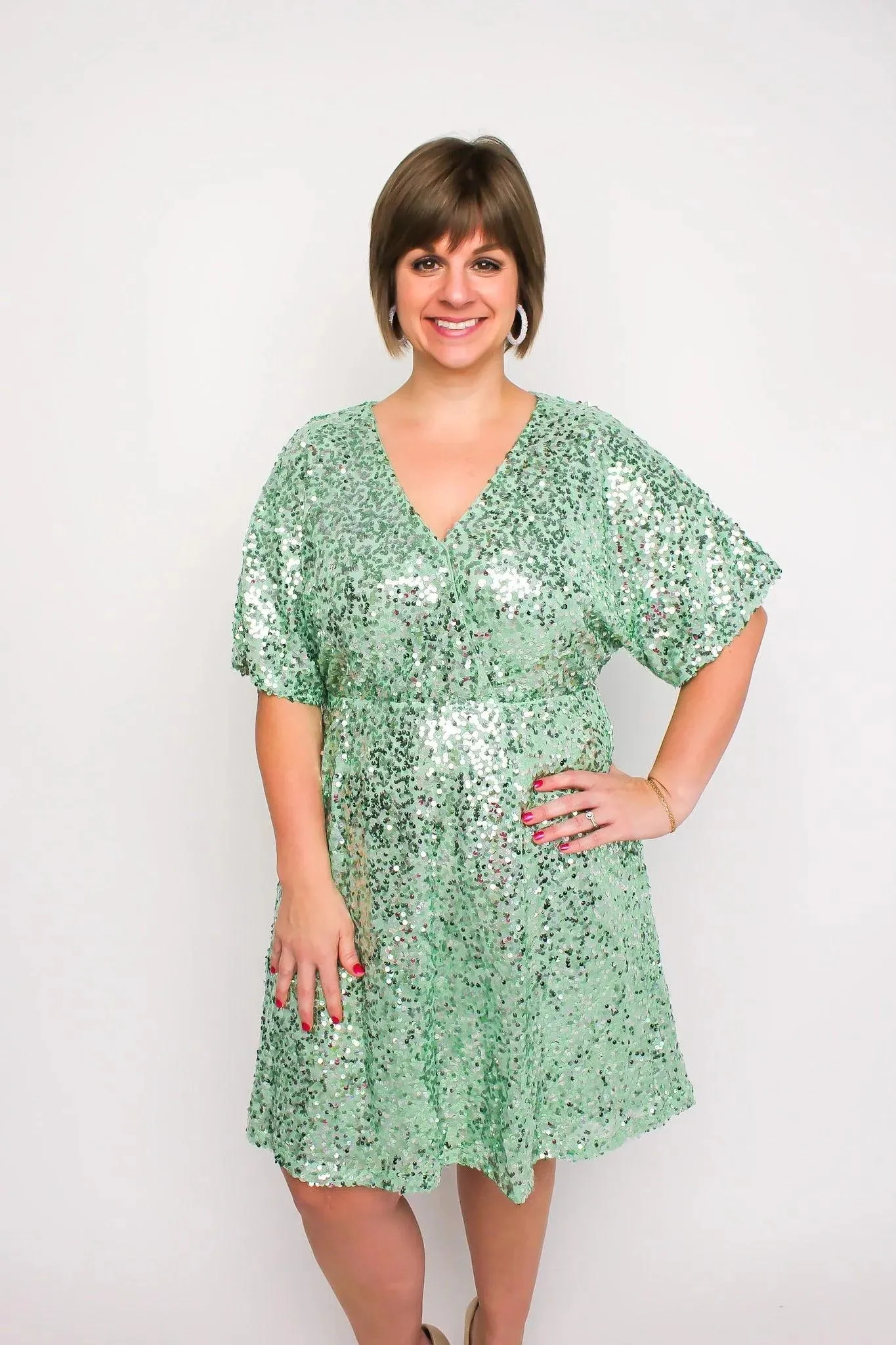 Mint Flutter Sleeve Sequin Dress