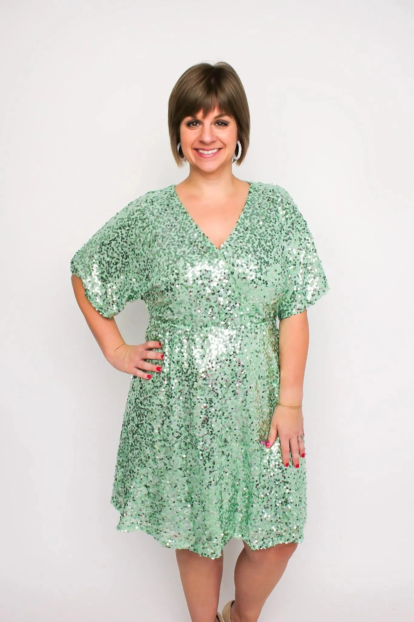 Mint Flutter Sleeve Sequin Dress