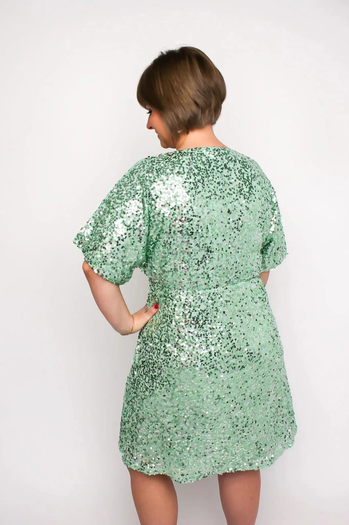 Mint Flutter Sleeve Sequin Dress