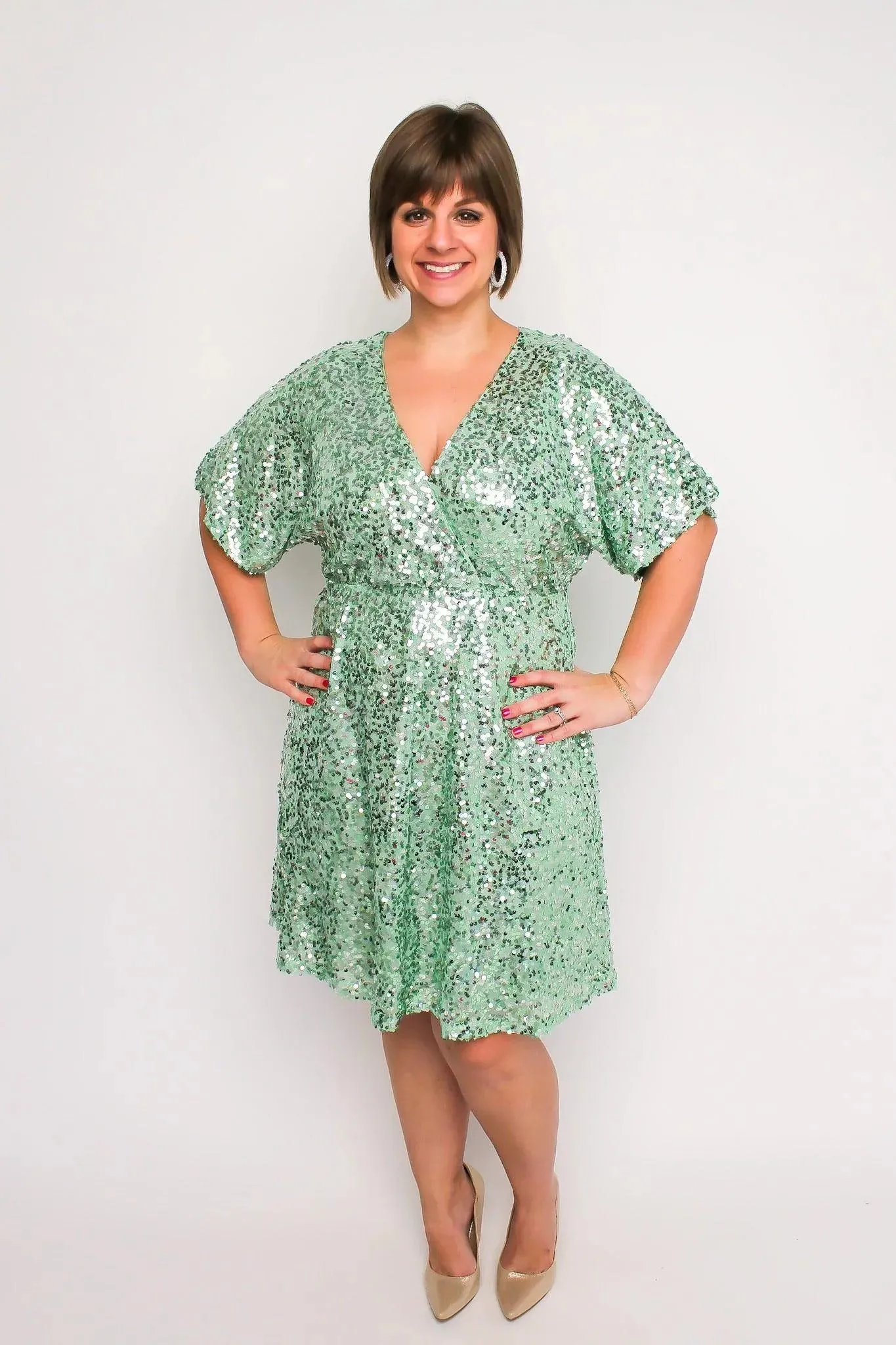 Mint Flutter Sleeve Sequin Dress