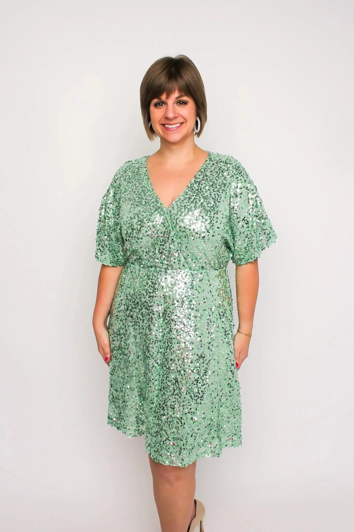 Mint Flutter Sleeve Sequin Dress