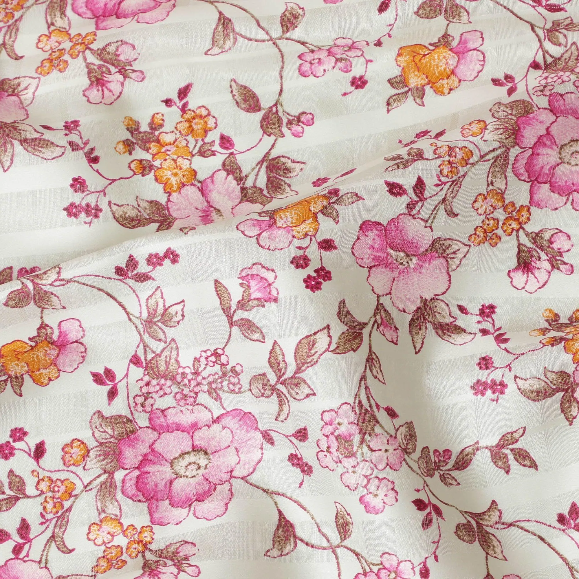 Mint green cotton satin fabric with pink, peach and brown print in floral design-D15287