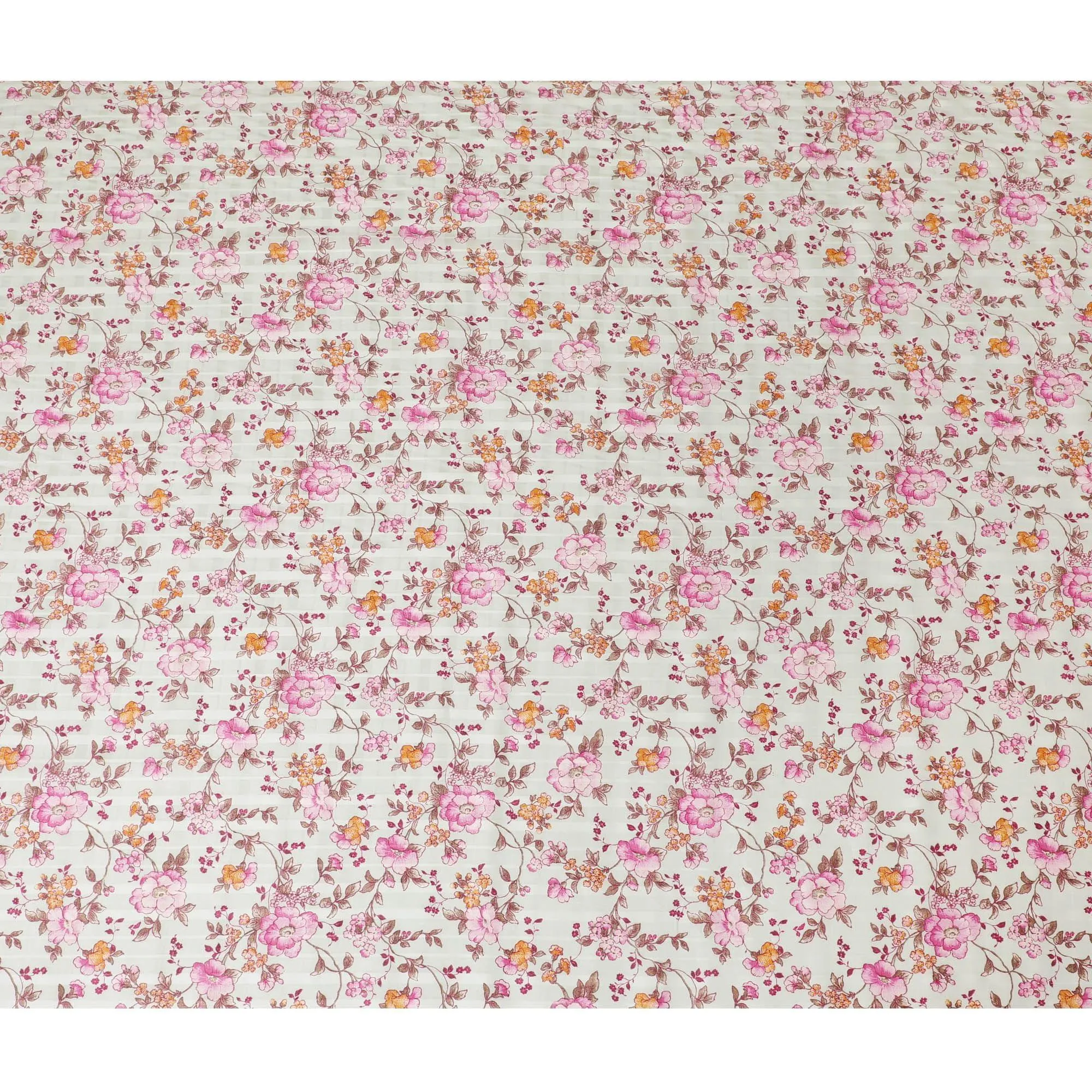 Mint green cotton satin fabric with pink, peach and brown print in floral design-D15287