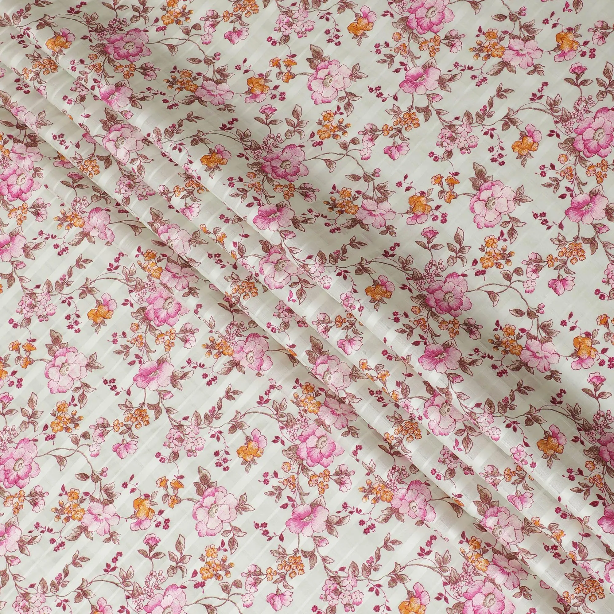 Mint green cotton satin fabric with pink, peach and brown print in floral design-D15287