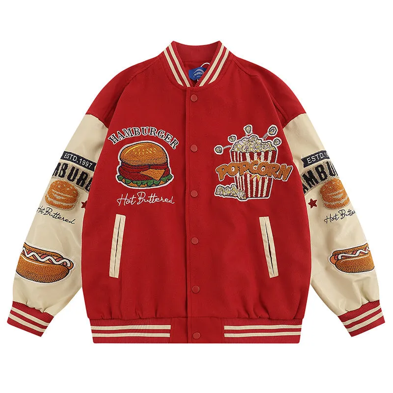 PopFlying Funny Varsity Jacket Hamburger Popcorn