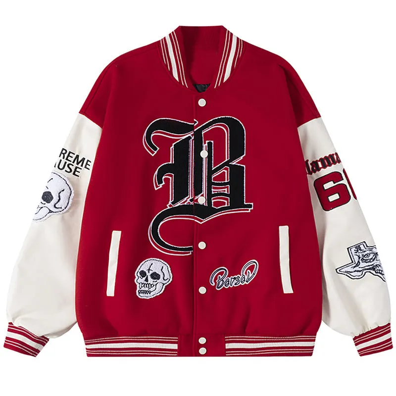 PopFlying Vintage Letterman Baseball Jacket Skull