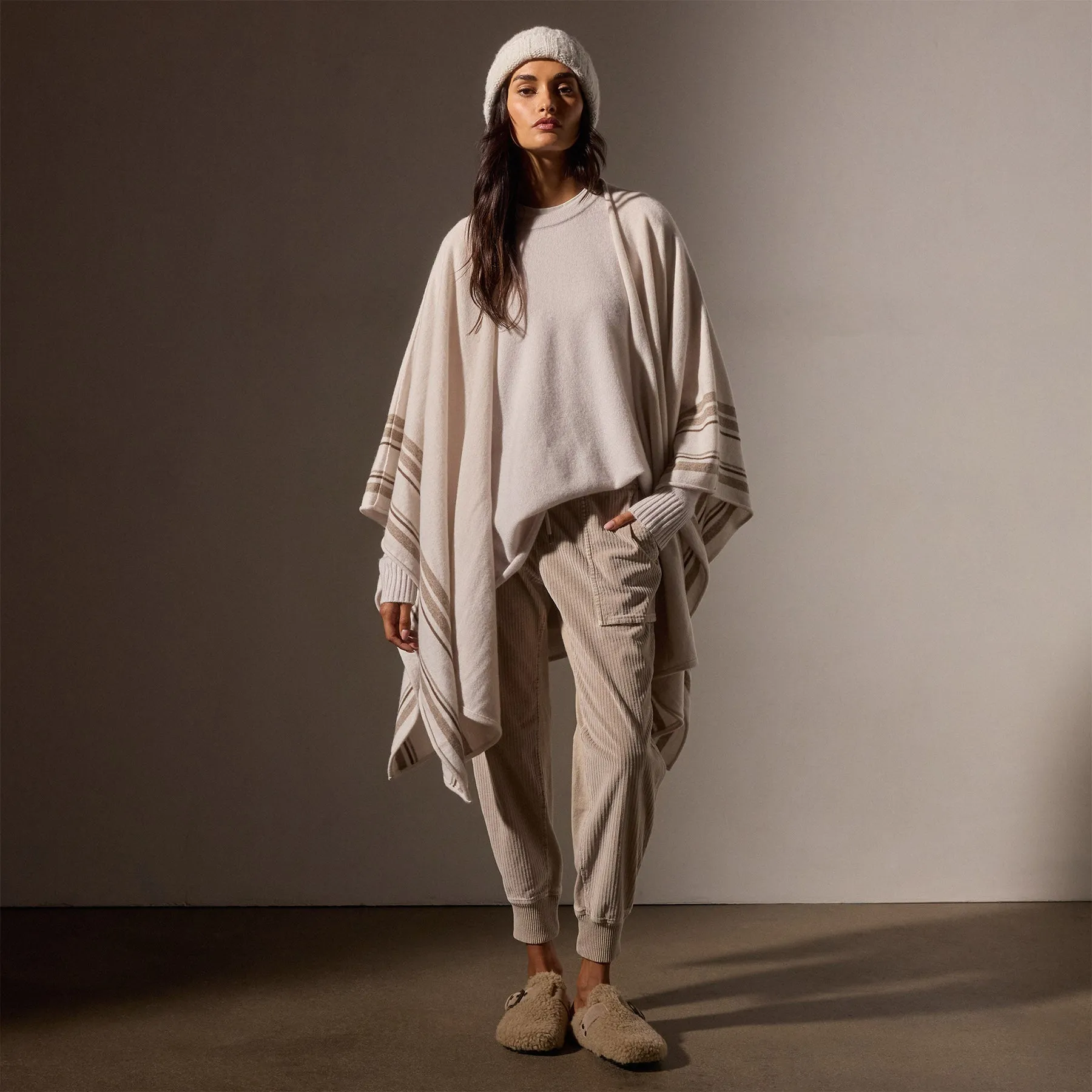 Recycled Cashmere Striped Poncho - Pearl