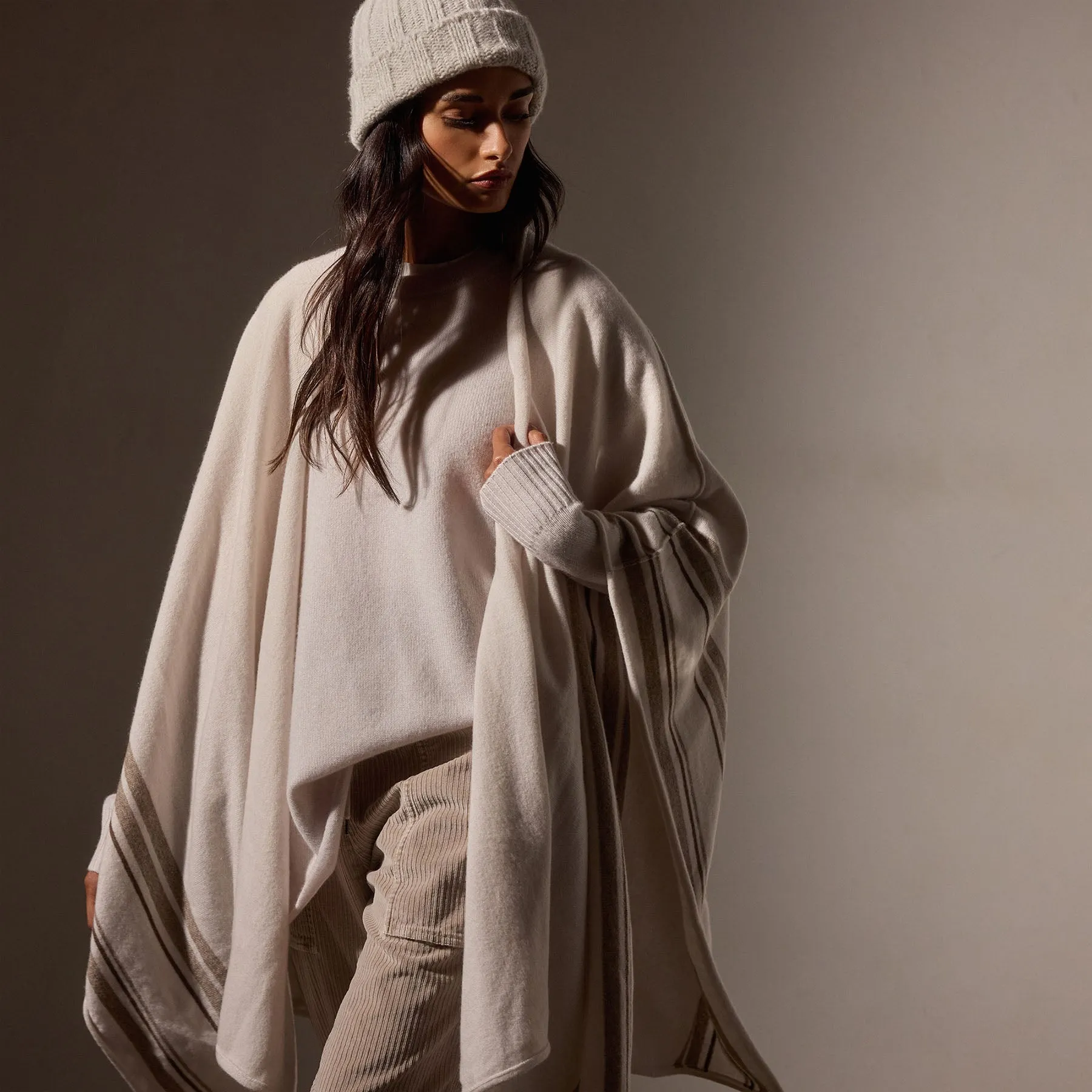 Recycled Cashmere Striped Poncho - Pearl