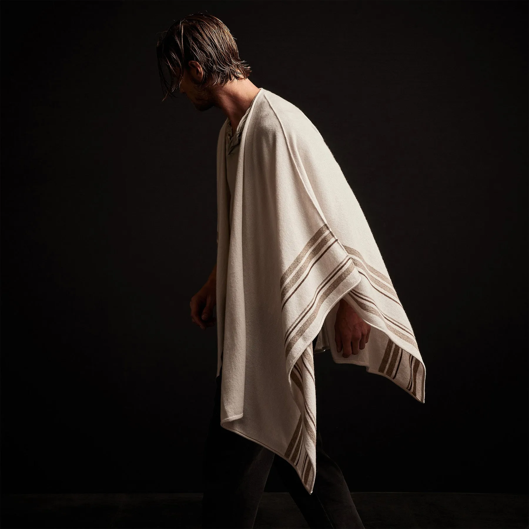 Recycled Cashmere Striped Poncho - Pearl